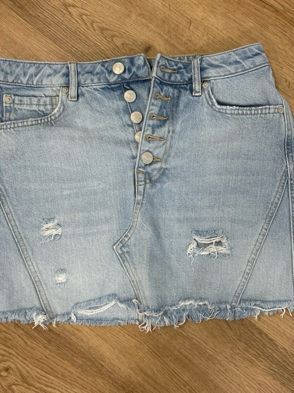 We The Free Light Blue Distressed Denim Mini Skirt